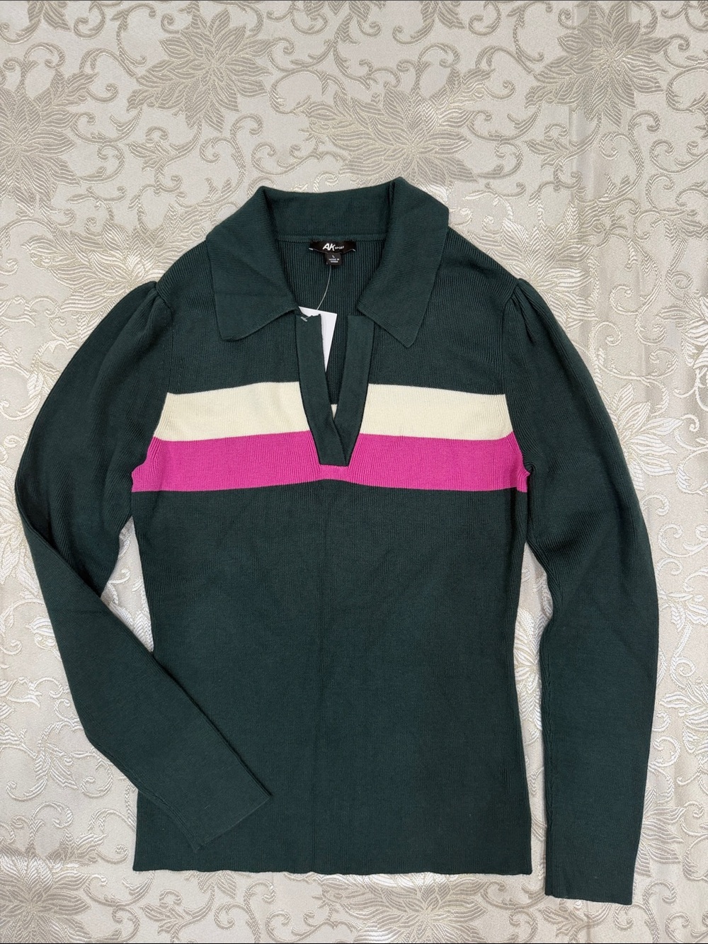 Anne Klein Dark Green V-Neck Sweater with Pink and Cream Stripes